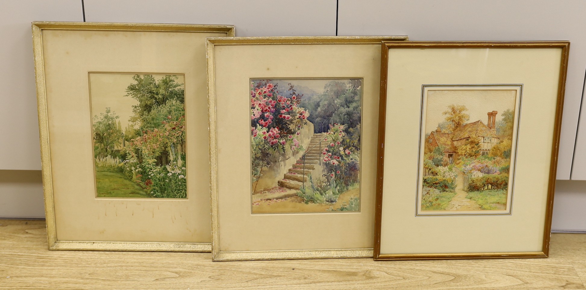 Thomas N. Tyndale (1860-1930), three watercolours, Garden scenes, one signed, largest 28 x 22cm